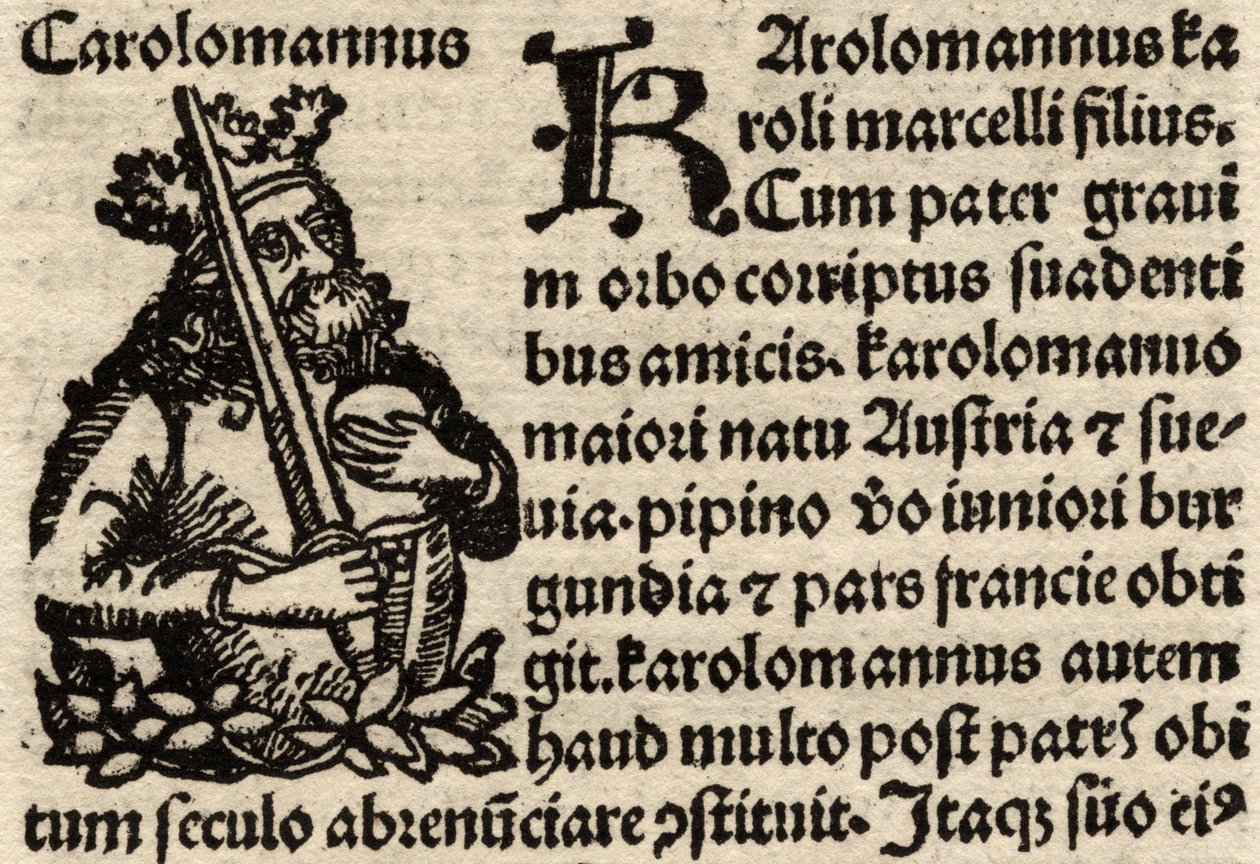 (dettaglio) da una foglia incunabula originale, raffigurante Carlo Magno pre-1500 da German School