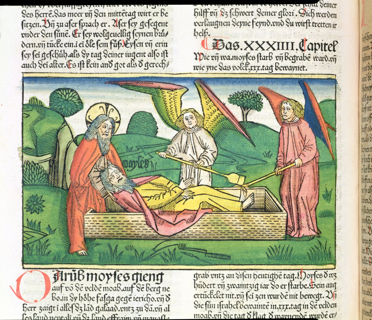Deuteronomio 34 Morte di Mosè, dalla Bibbia di Norimberga (Biblia Sacra Germanaica) da German School