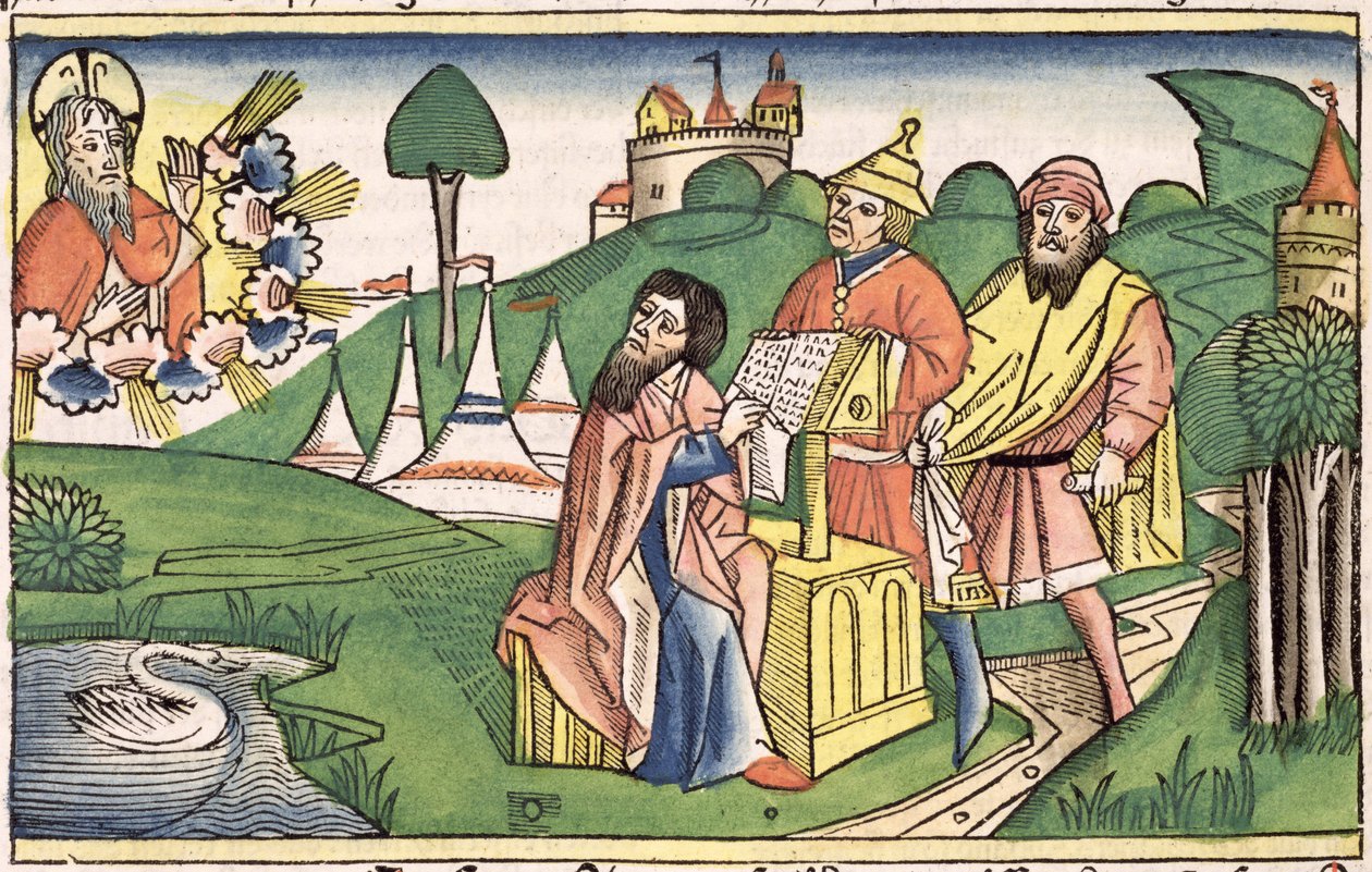 Deuteronomio: Frontespizio in cui Dio fa le leggi, dalla Bibbia di Norimberga (Biblia Sacra Germanaica) da German School