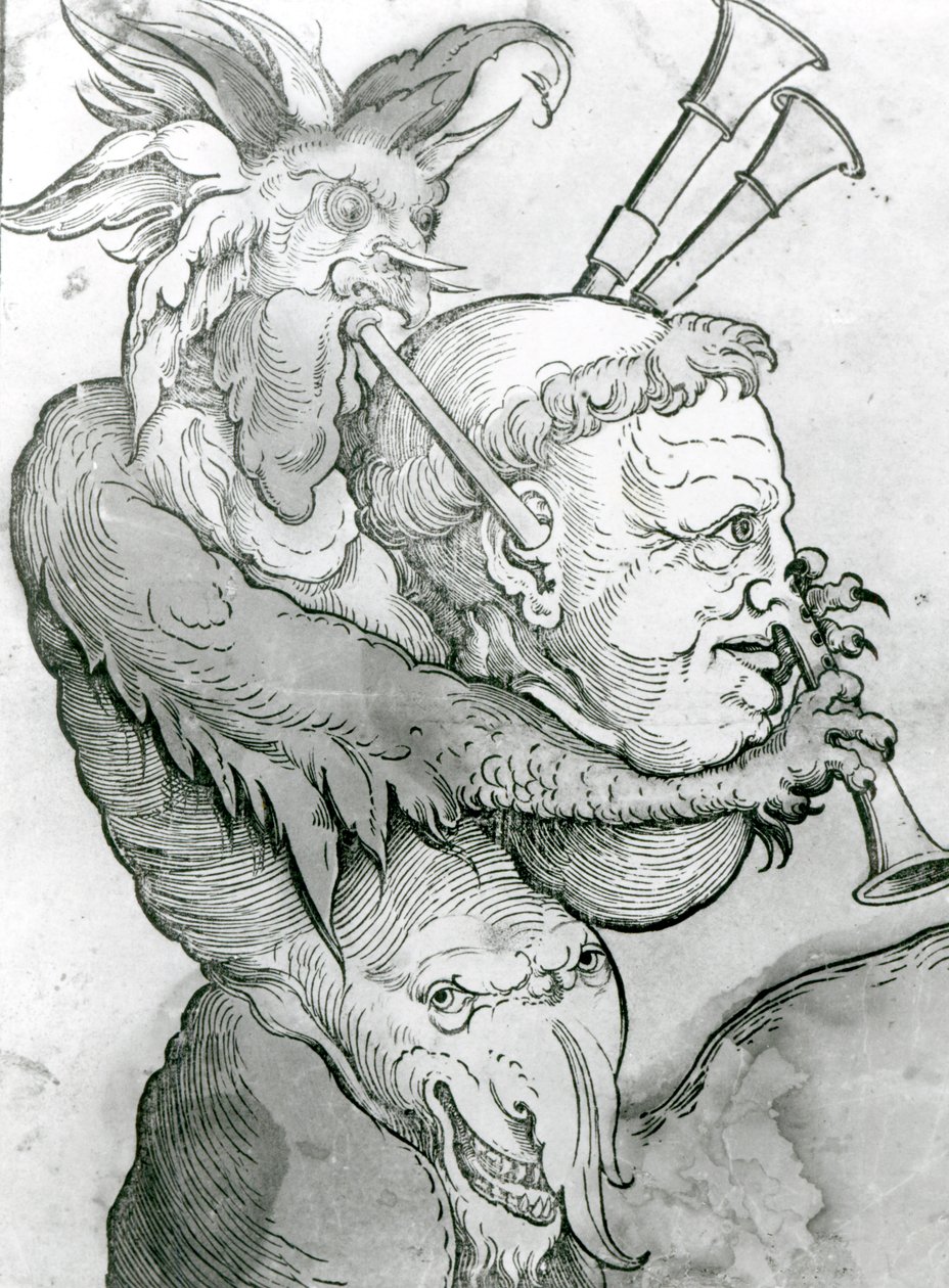 Diavolo che suona la testa di un uomo come una cornamusa, 1144 da German School