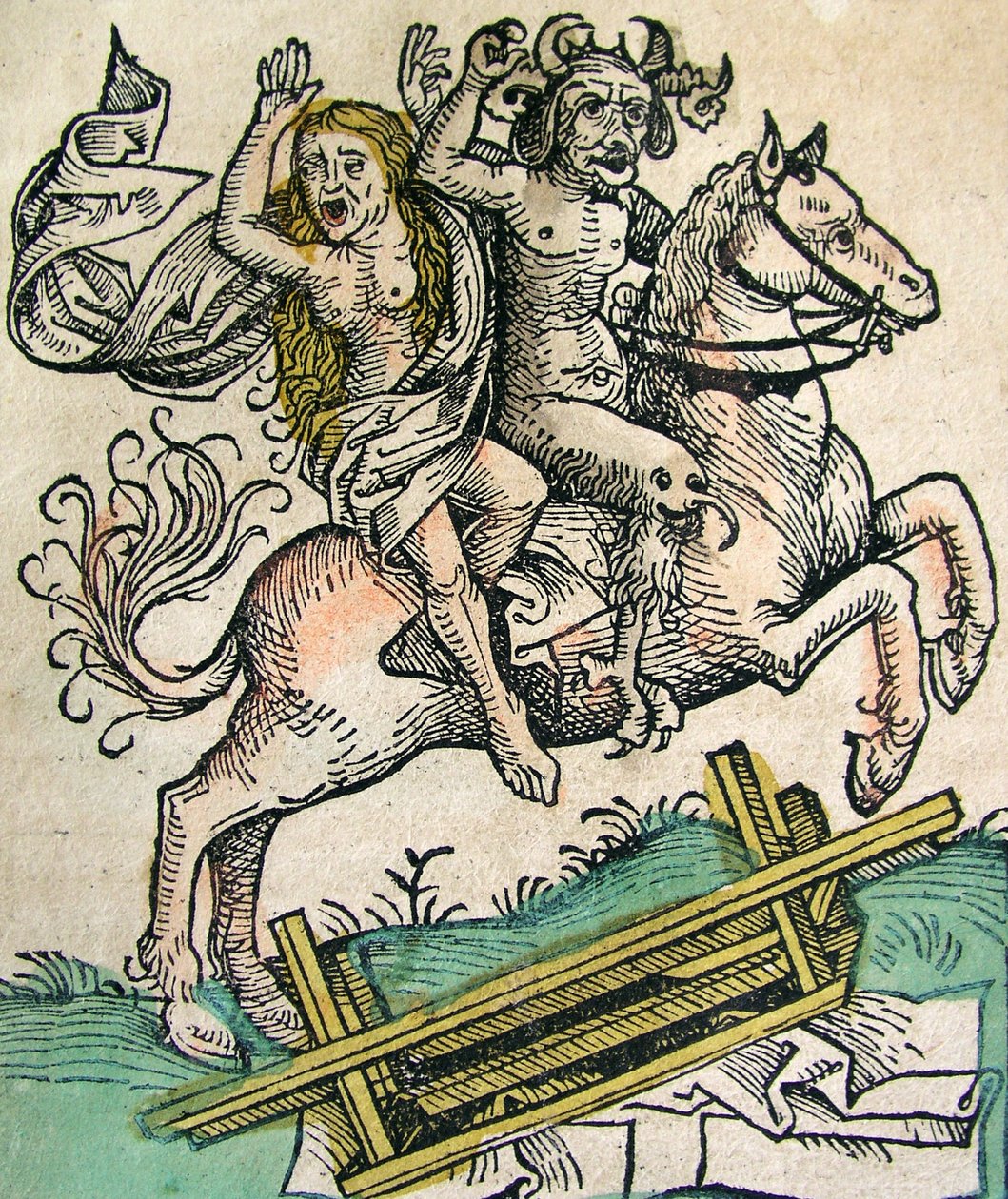 Diavolo e una donna a cavallo, pubblicato nella Cronaca di Norimberga, 1493 da German School