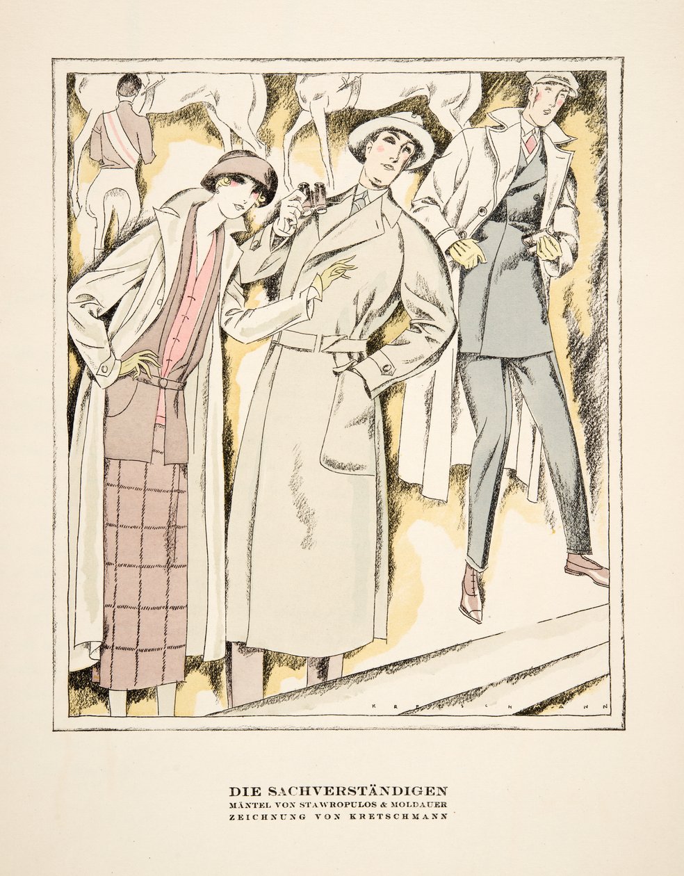 "Die Sachverständigen", pubblicità per i cappotti di Stawropulos  Moldauer, da Styl, pub.1922 (stampa a pochoir) da German School