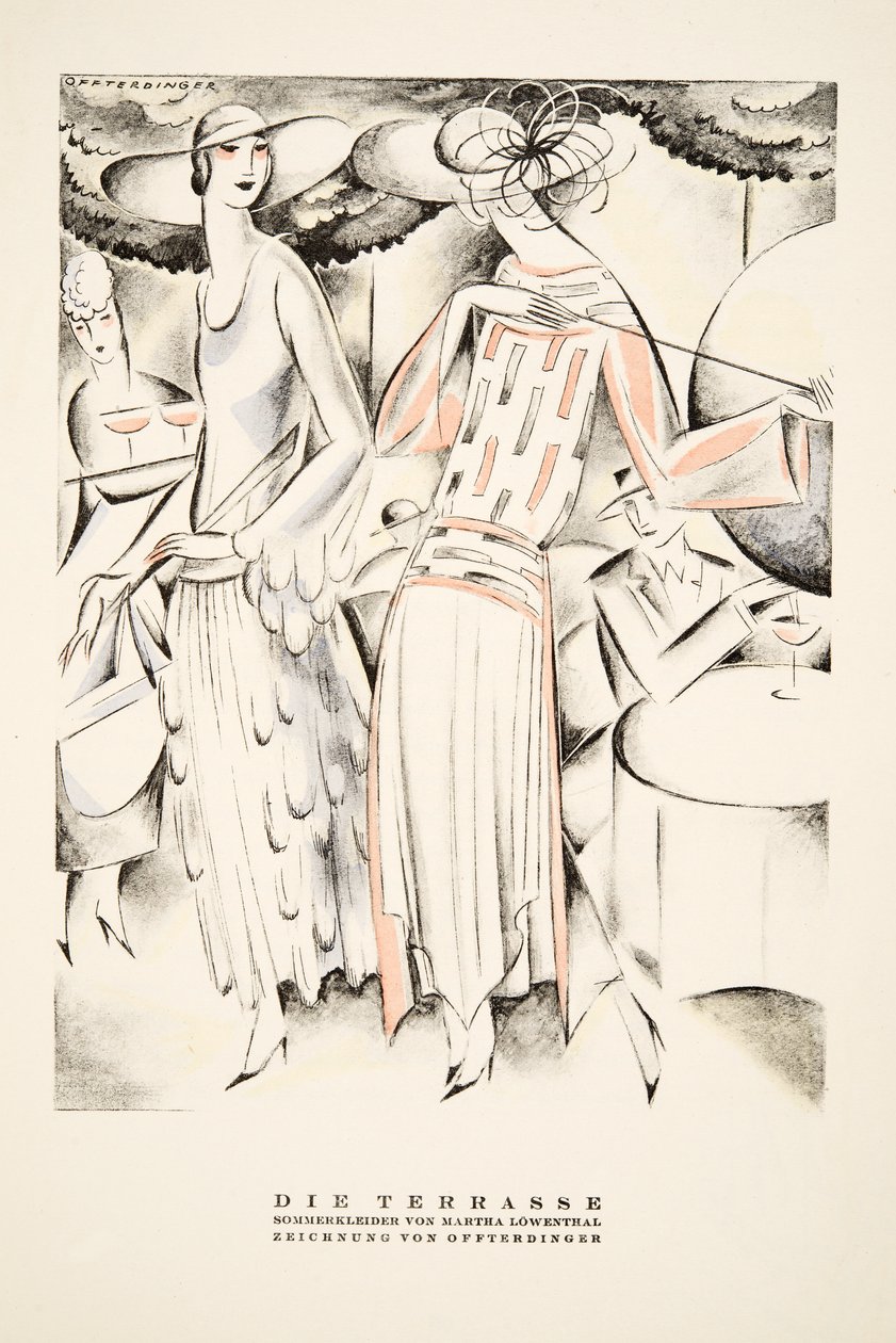 "Die Terrasse" Pubblicità per abiti estivi di Martha Lowenthal, da Styl, pub.1922 (stampa pochoir) da German School