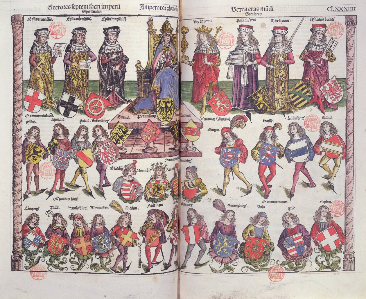 Imperatore ed elettori del Sacro Romano Impero con ventiquattro nobili tedeschi che presentano i loro stemmi da German School