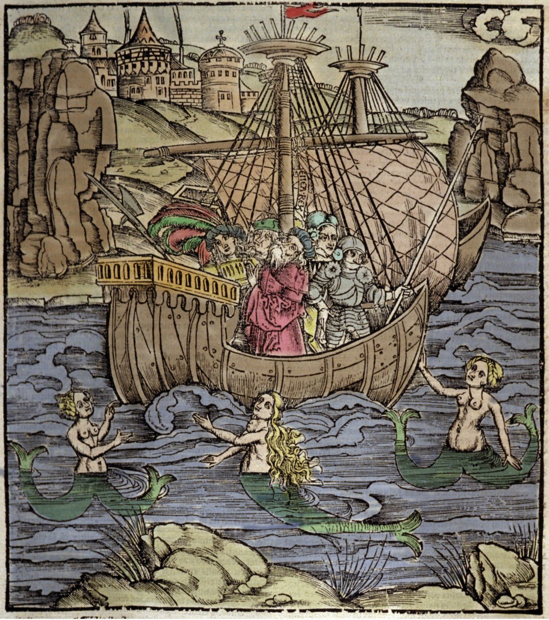 Eneide di Virgilio (70 a.C.-19 a.C.), gli eroi troiani Enea e i suoi compagni attraversano un mare pieno di sirene. Xilografia di Sebastian Brant (1458-1521). Strasburgo da German School