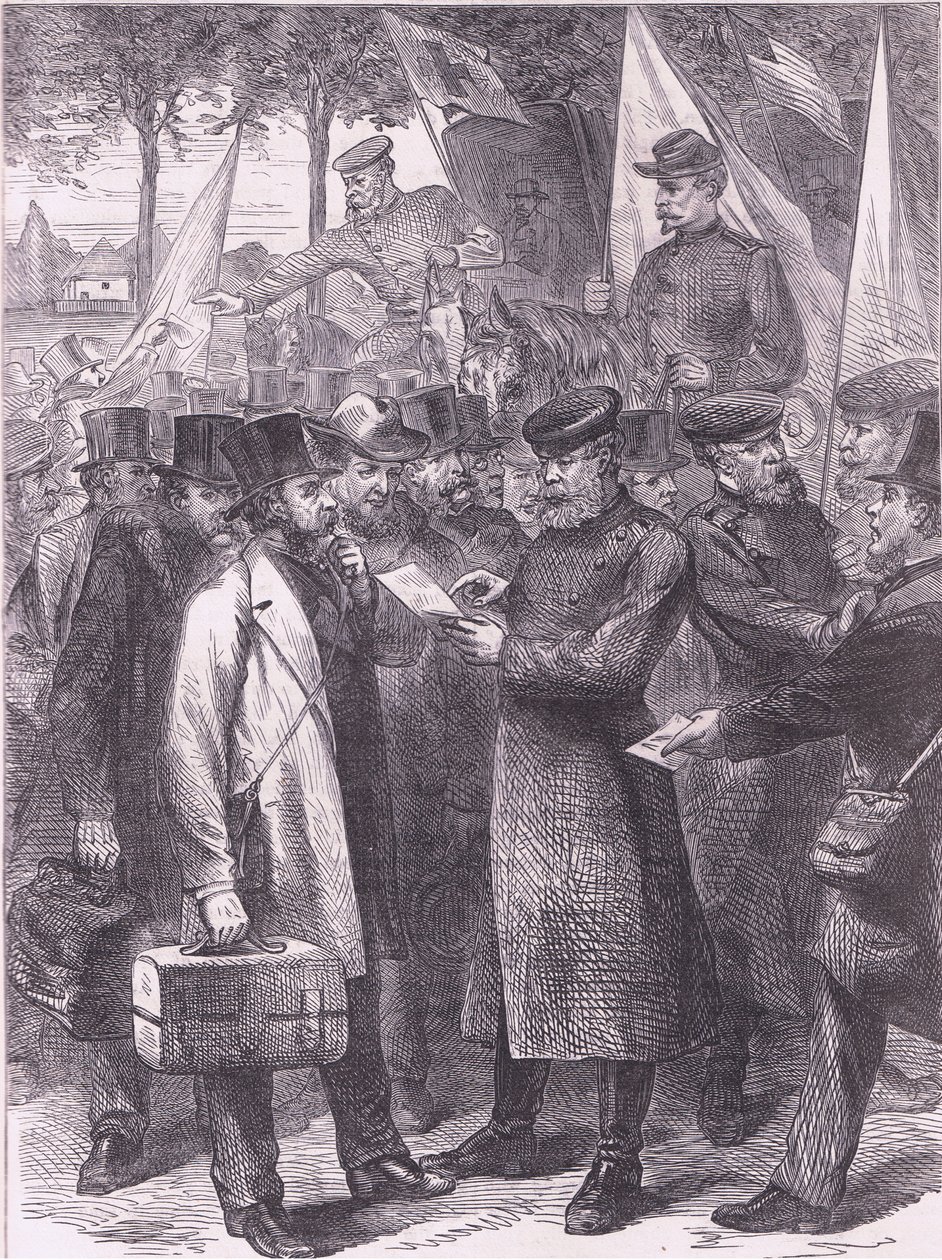 Residenti inglesi che lasciano Parigi, Cassells History of the War between France and Germany pubblicato da Cassell and Company Limited, c.1890 (litografia) da German School