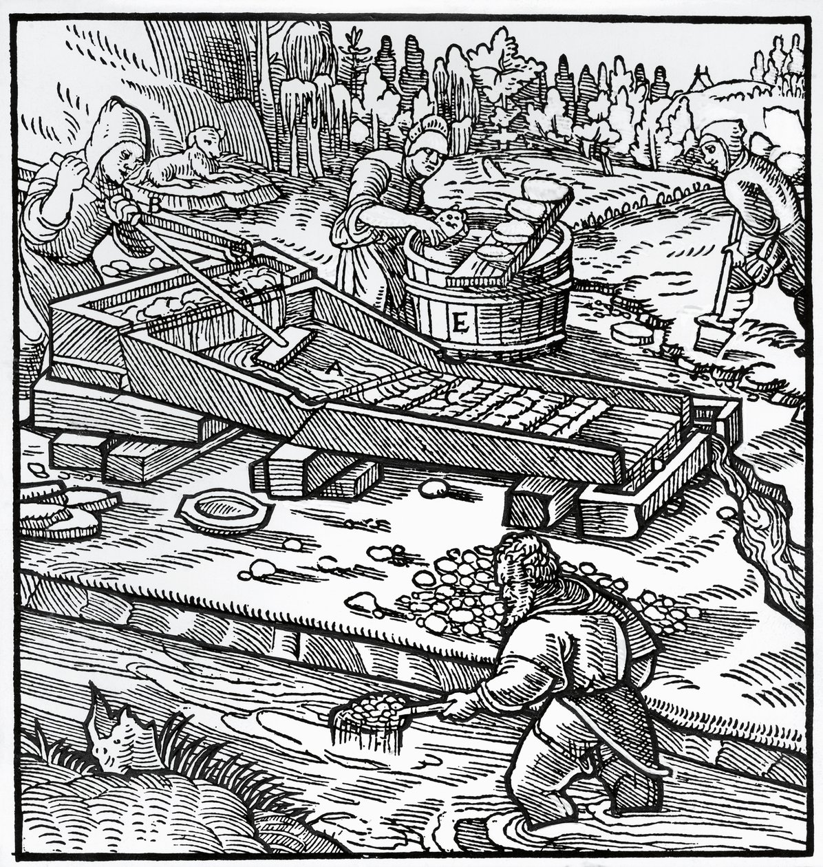 Incisione da De re metallica (Sulla natura dei metalli), di Georg Pawer o Georgius Agricola (1494-1555) da German School
