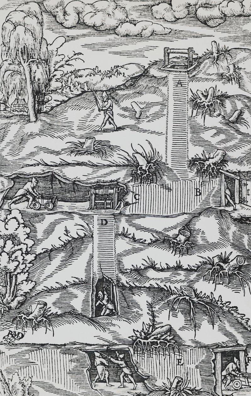 Incisione da De re metallica (Sulla natura dei metalli), di Georg Pawer o Georgius Agricola (1494-1555), pubblicato a Basilea da German School