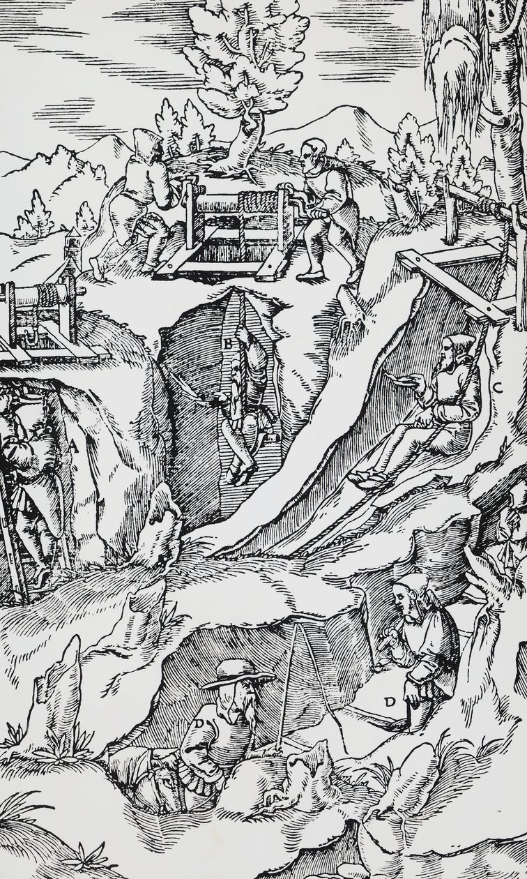 Incisione da De re metallica, di Georg Pawer o Georgius Agricola, pubblicato a Basilea da German School