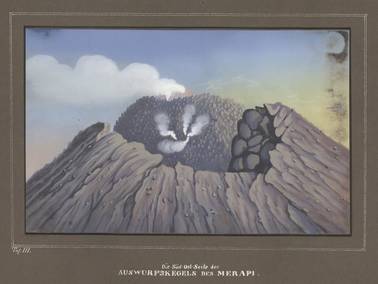 Eruzione del Monte Merapi, Pl.III, Topographischer und Naturwissenschaftlicher Atlas zur Reise durch Java, di Dr.Fr.Junghuhn, Magdeburgo 1845 da German School