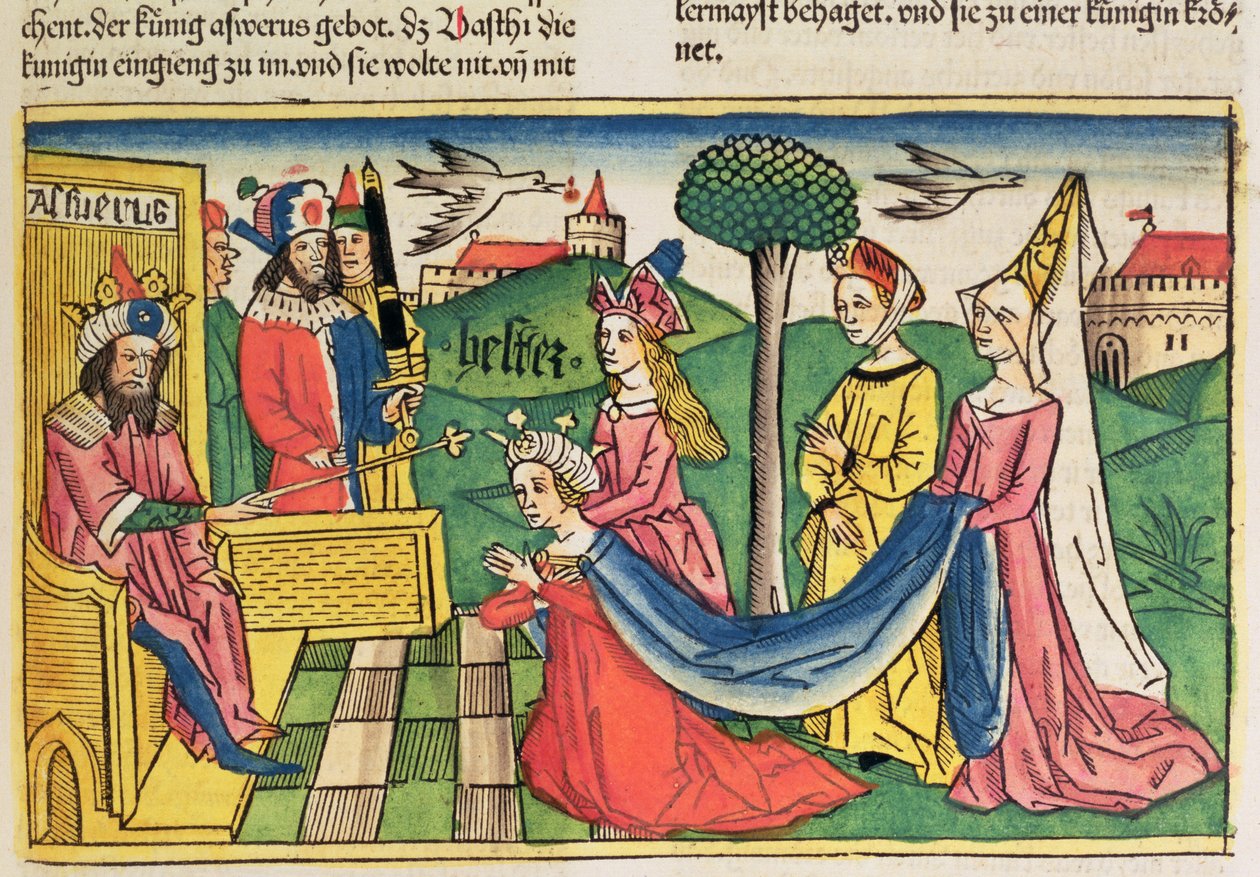 Ester è scelta come regina dal re persiano Assuero, dalla Bibbia di Norimberga (Biblia Sacra Germanaica) da German School