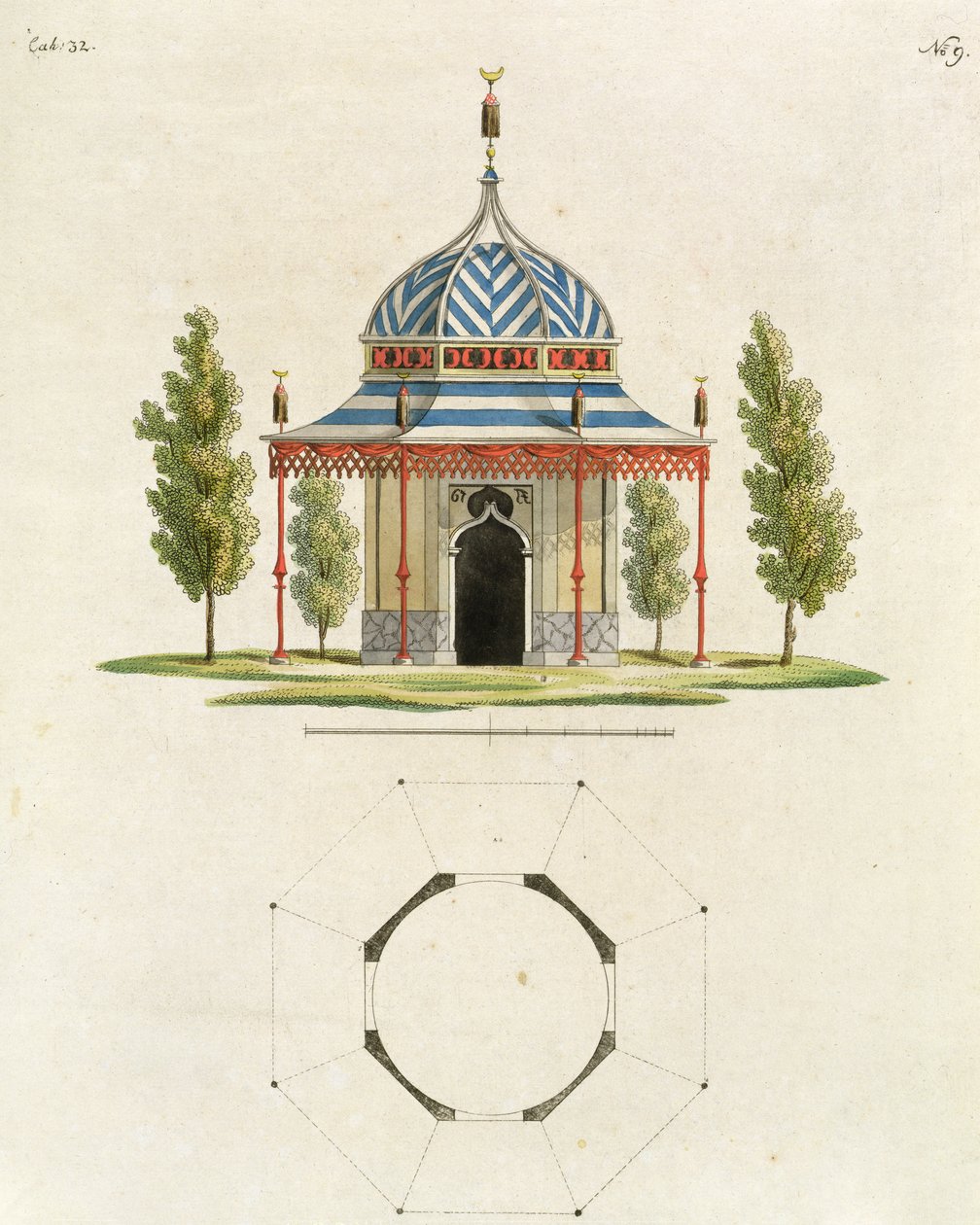 Esterno di un Tempio del Giardino Cinese, da Recent New Ideas for the Garden, pubblicato 1779 da German School