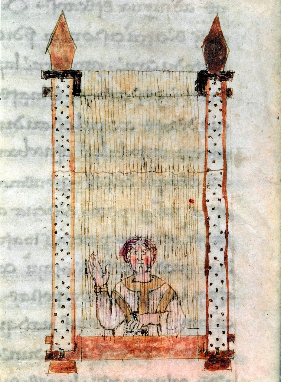 Lavoro tessile. Un mulino per tessitura. Miniatura tratta dal manoscritto "De Universo" o "De rerum naturis" (Dalla natura delle cose) di Rabanus Maurus Magnentius (o Raban Maur o Rabano Mauro, ca. 780-856). IX secolo. Archivio dell