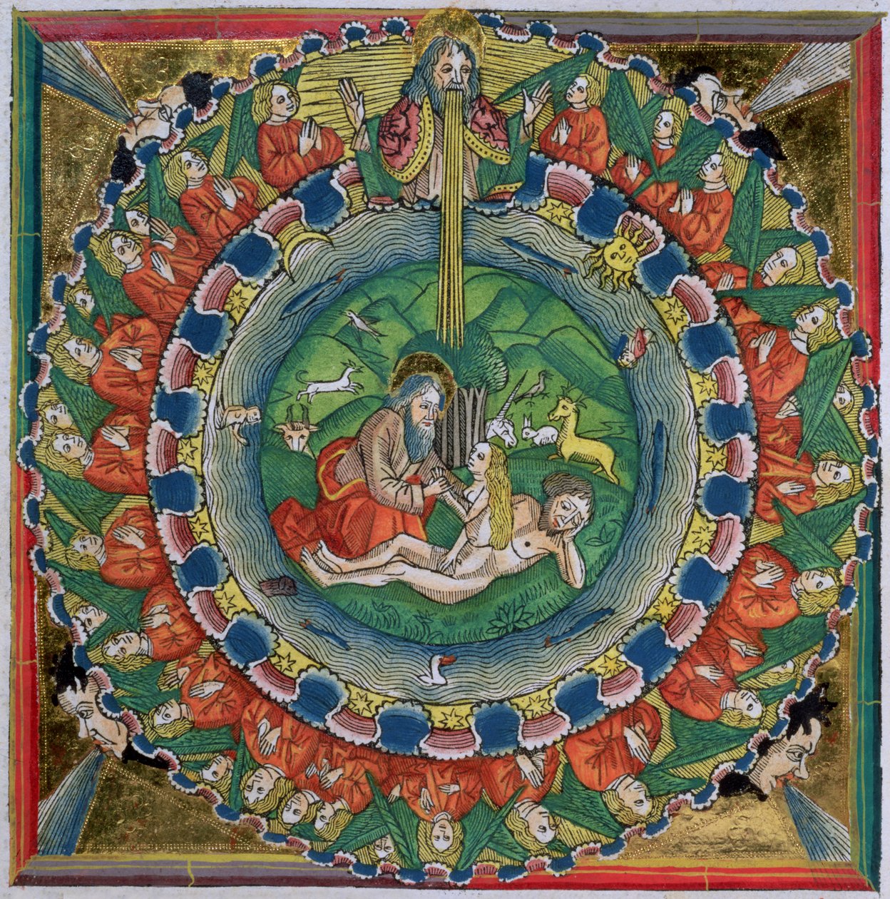 Copia facsimile di Genesi 2:22 Dio creò Eva, dalla Bibbia di Norimberga (Biblia Sacra Germanaica) da German School