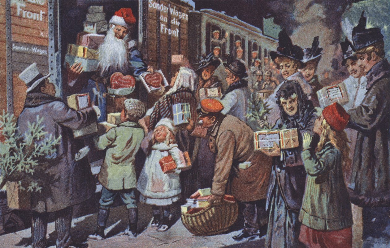 Babbo Natale carica pacchi contenenti doni su un treno per portarli alle truppe tedesche al fronte, Prima Guerra Mondiale (litografia a colori) da German School