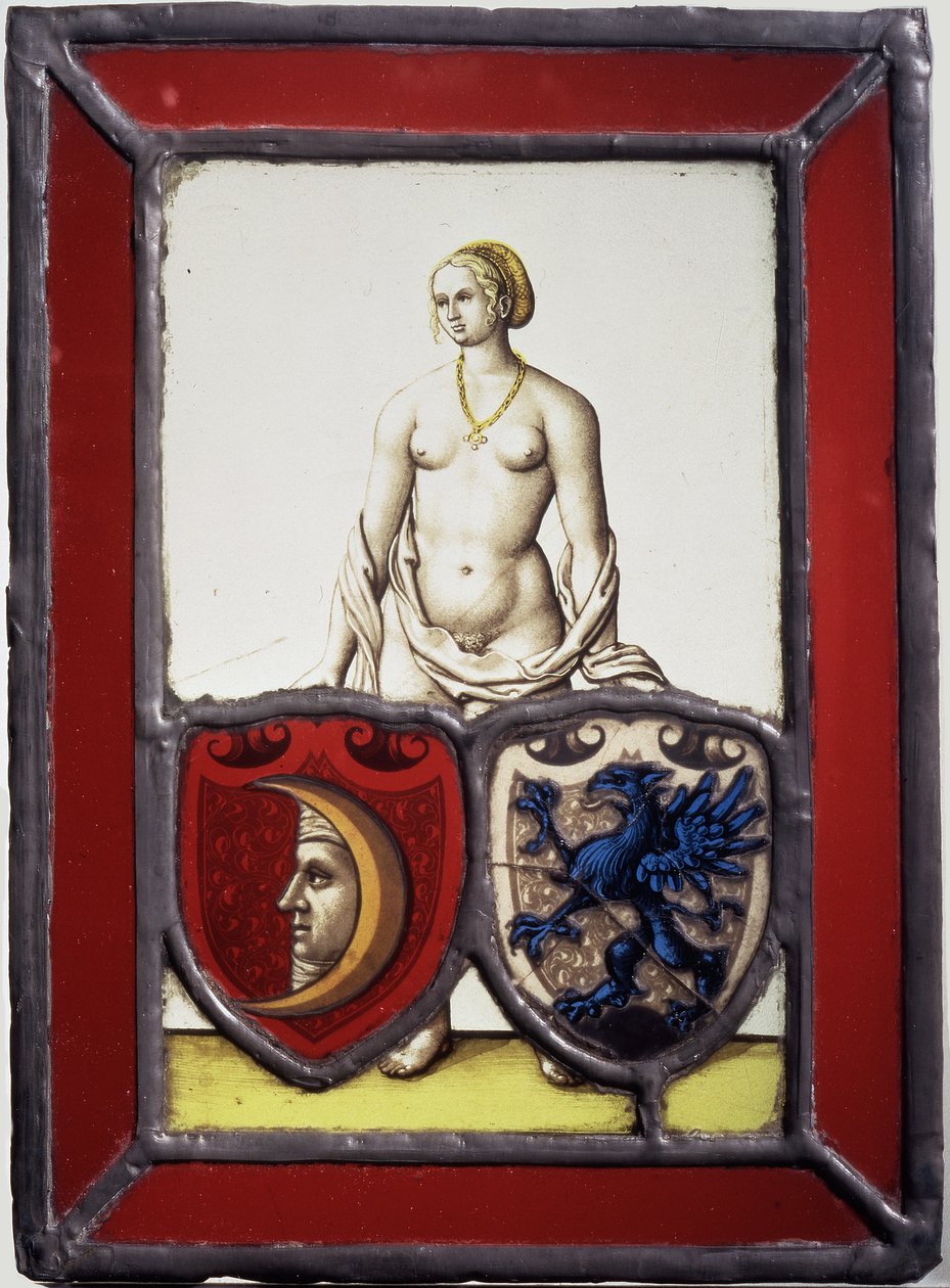 Nudo femminile che sorregge due scudi araldici, 1535 ca. (metallo in vaso, vetro trasparente e fiammato, macchia gialla e vernice vitrea nera) da German School