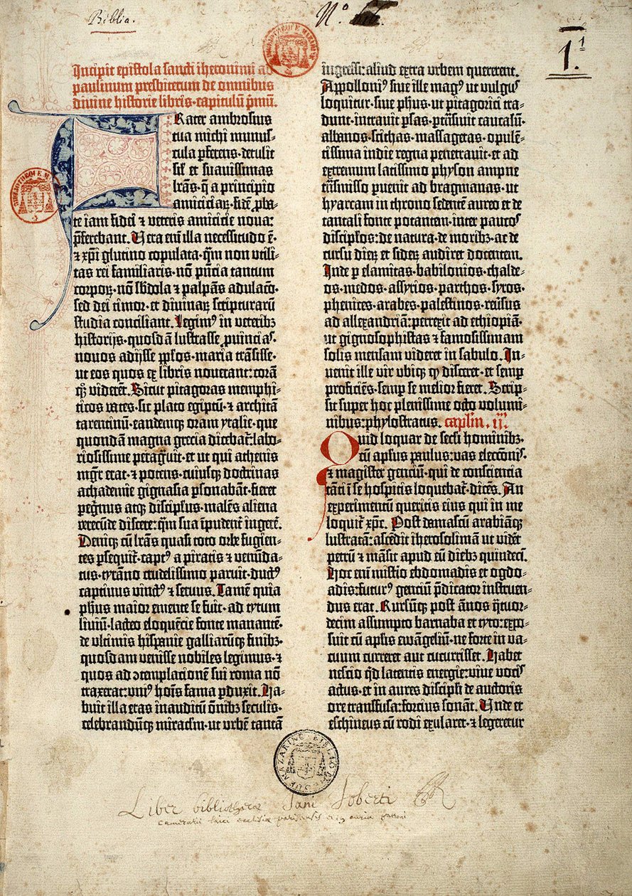 Prima pagina della Bibbia in latino (vulgata) di Gutenberg preparata a Magonza 1452 - 1454. L