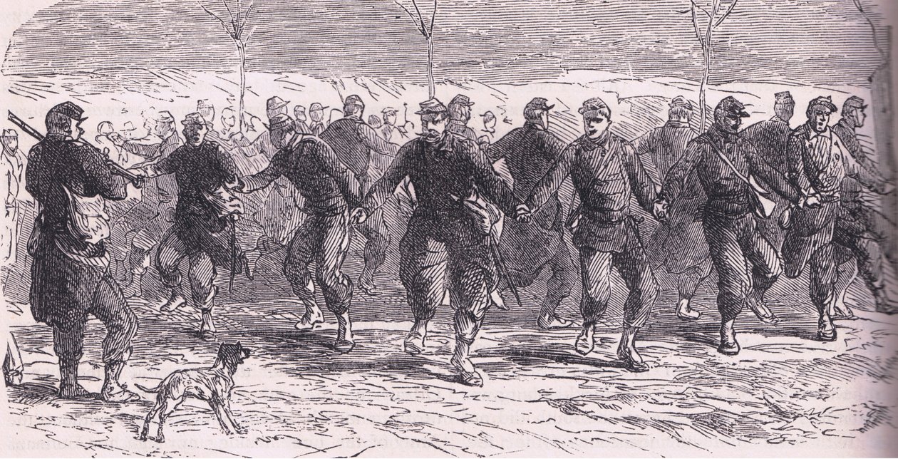 Soldati francesi che ballano nel campo, Cassells History of the War between France and Germany pubblicata da Cassell and Company Limited, c.1890 da German School