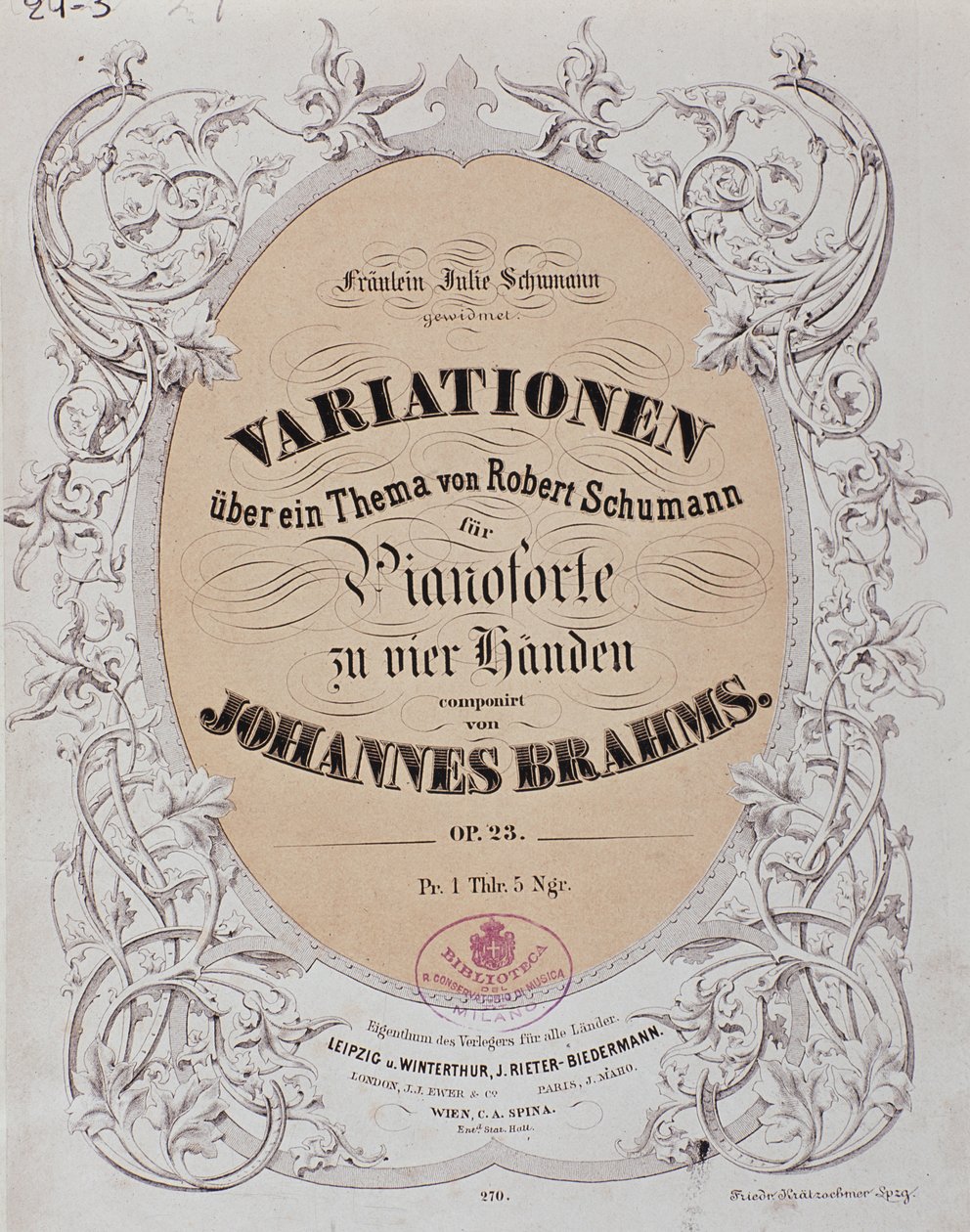 Frontespizio di "Variazioni su un tema di Robert Schumann" (Op. 23) di Johannes Brahms da German School