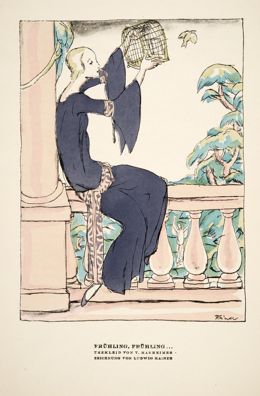 "Frühling, Frühling", pubblicità per il vestito da tè di V. Manheimer, da Styl, pub.1922 (stampa a pochoir) da German School