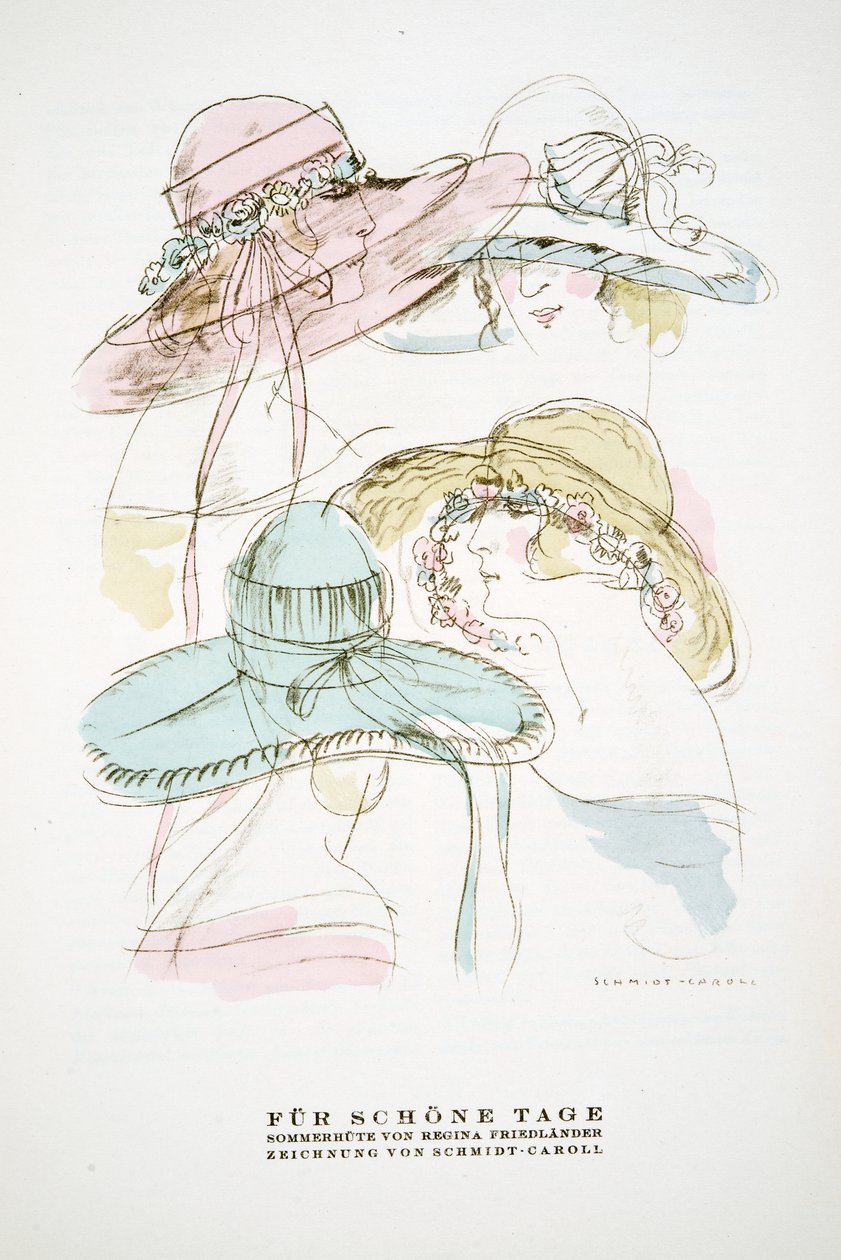 "Fur Schone Tage", pubblicità per i cappelli estivi di Regina Friedlander, da Styl, pub.1922 (stampa a pochoir) da German School
