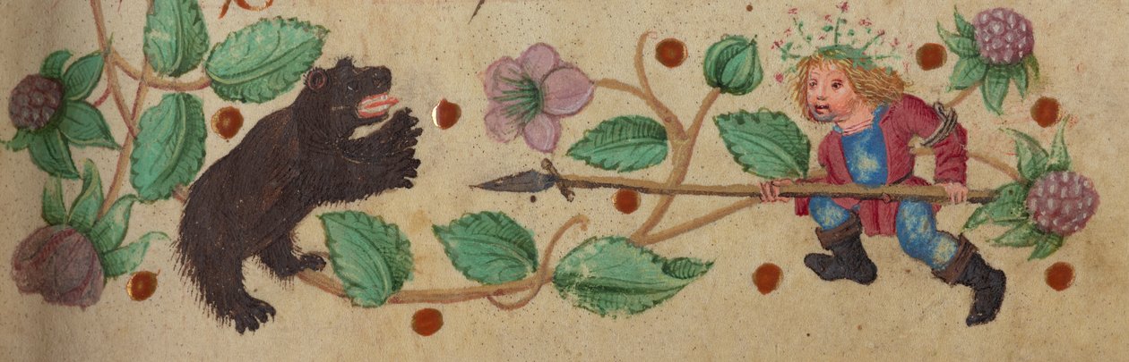 Cacciatore ghirlandato a piedi che infilza un orso, c. 1475-1485 da German School