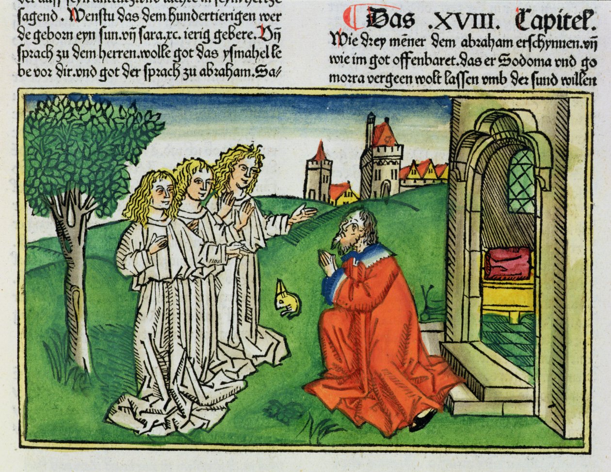 Genesi 18:2 Abramo e i tre angeli, dalla Bibbia di Norimberga (Biblia Sacra Germanaica) da German School