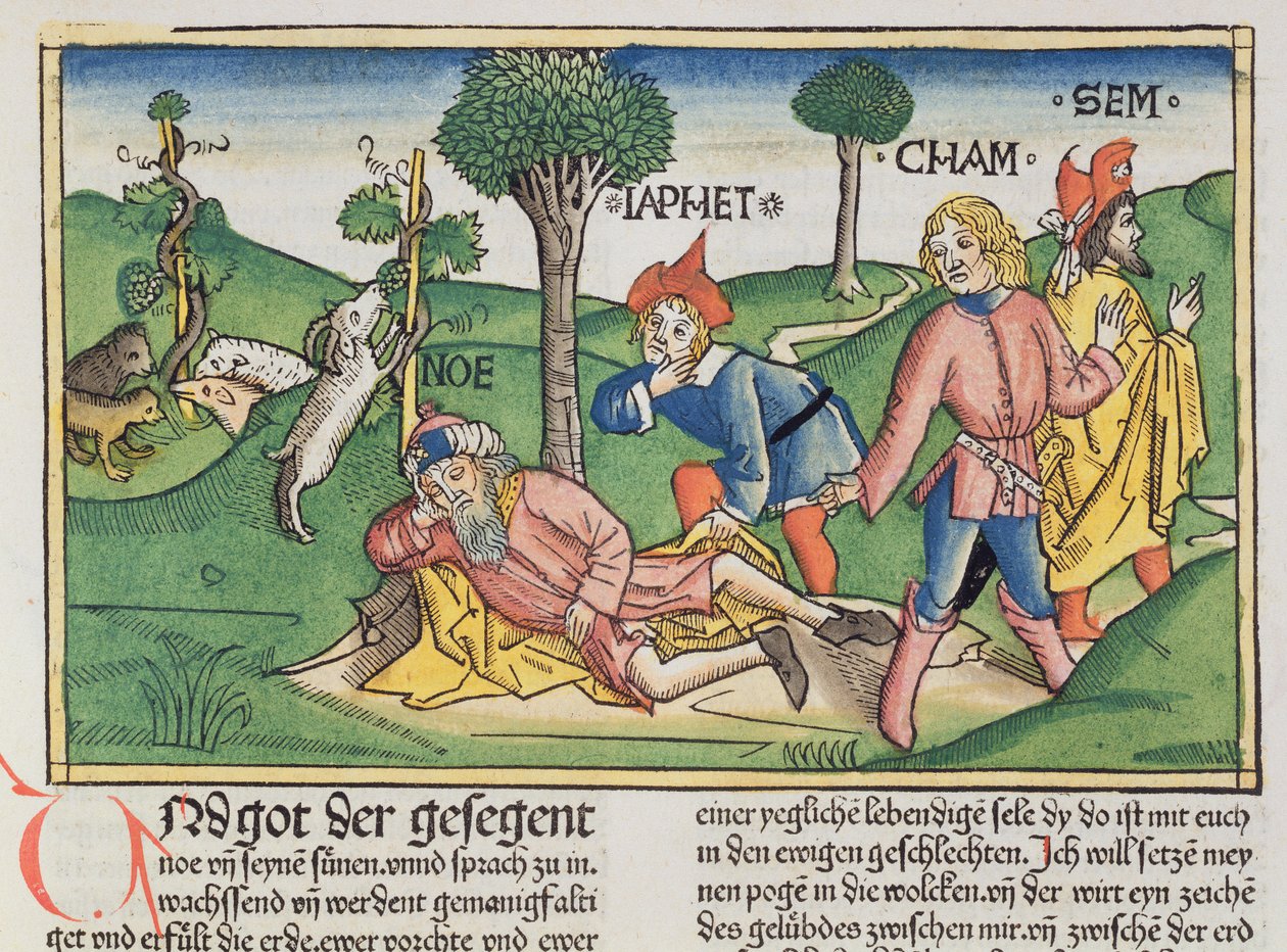 Genesi 9:20-27 Noè coperto con un mantello dai suoi figli Sem, Cam e Iafet, dalla Bibbia di Norimberga (Biblia Sacra Germanaica) da German School