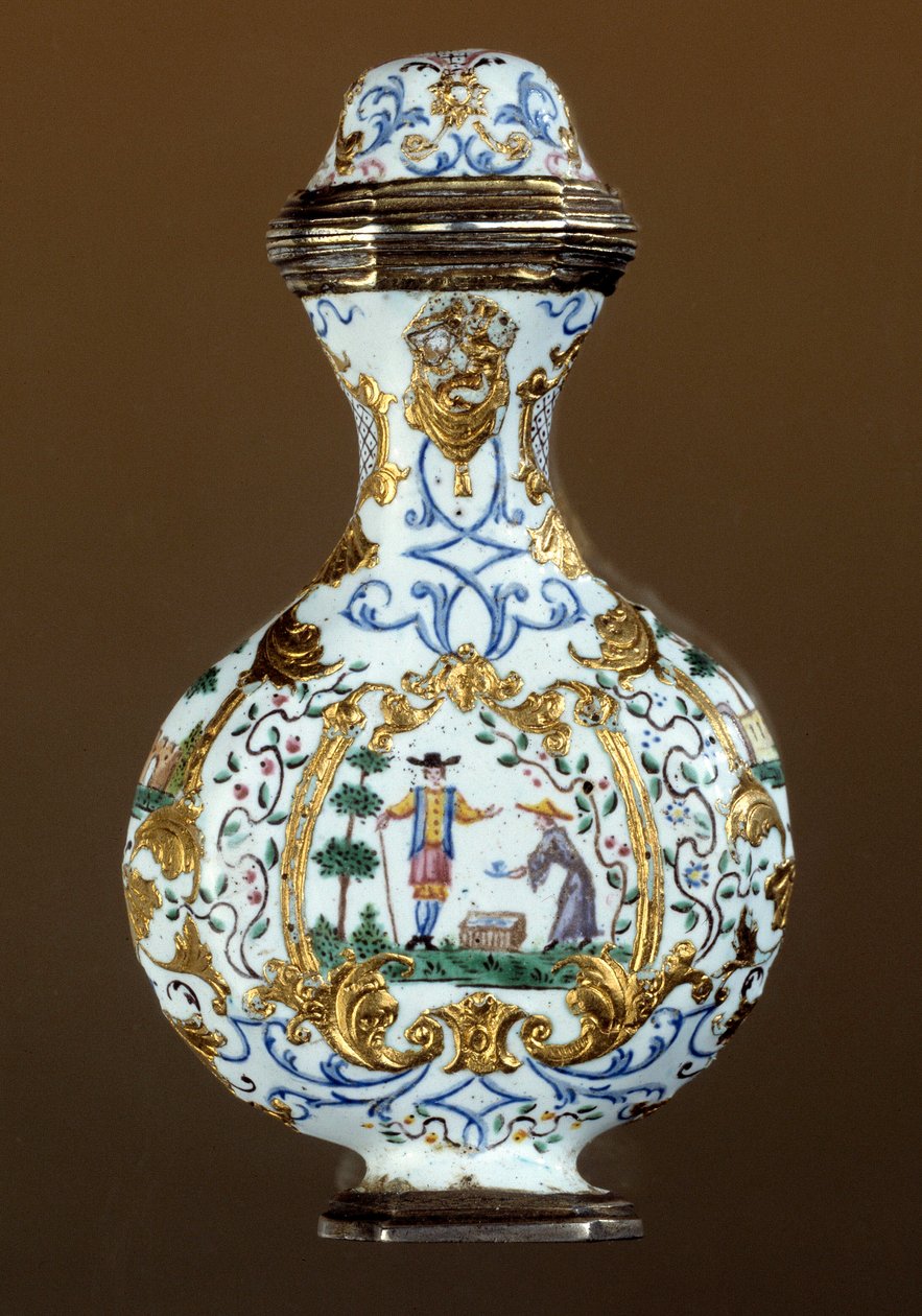 Arte tedesca: bottiglia di profumo del XVIII secolo (smaltata; scena di chinoiserie) da German School