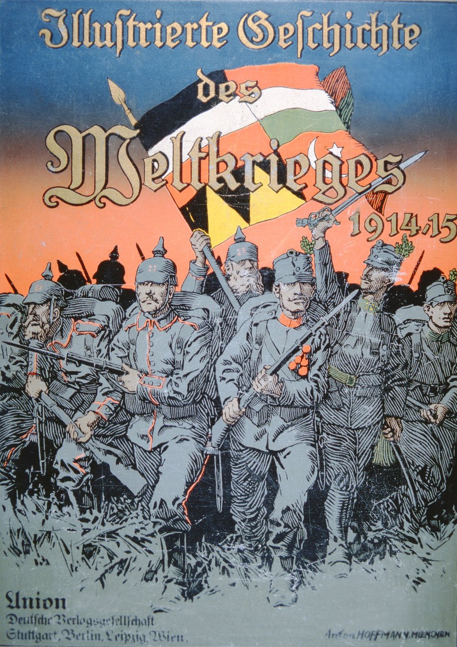 Truppe tedesche e austro-ungariche avanzano spalla a spalla, copertina del Libro Illustrato della Prima Guerra Mondiale 1914-15 da German School