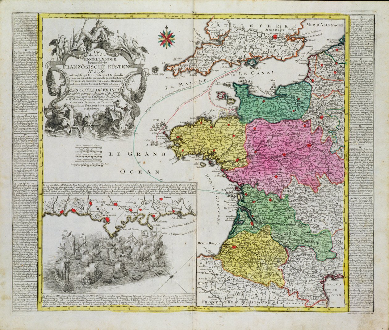 Mappa tedesca che mostra gli attacchi navali inglesi ai porti francesi nel 1758 da German School