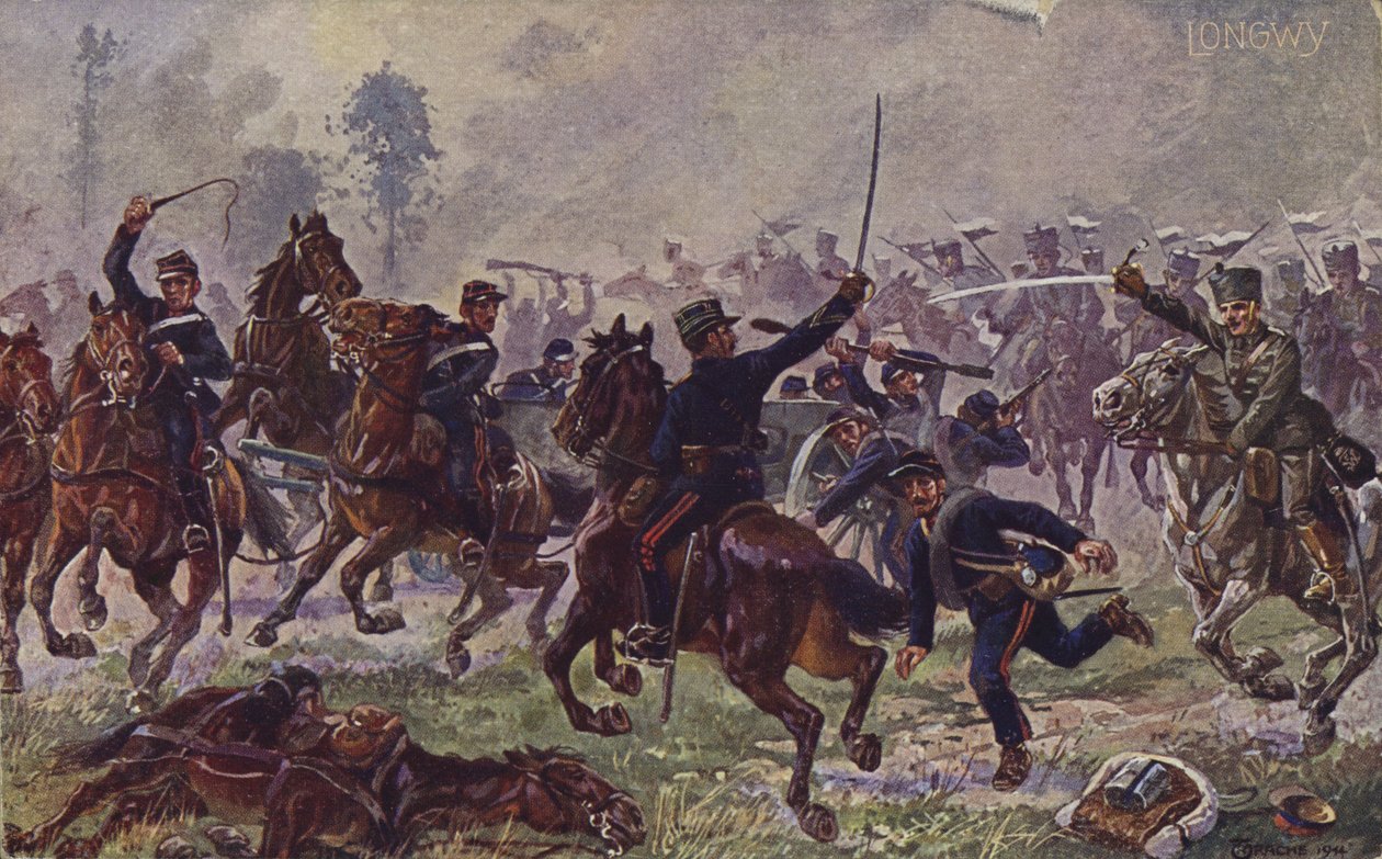 Ussari tedeschi catturano i cannoni francesi a Longwy, Prima Guerra Mondiale, 22 agosto 1914 (litografia a colori) da German School
