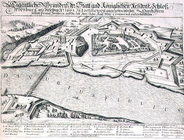 Piano del terreno della città e del castello di Pressburg e delle sue fortificazioni nel 1663, illustrazione da un libro sulle campagne ottomane in Europa, inciso da Paul Furst da German School