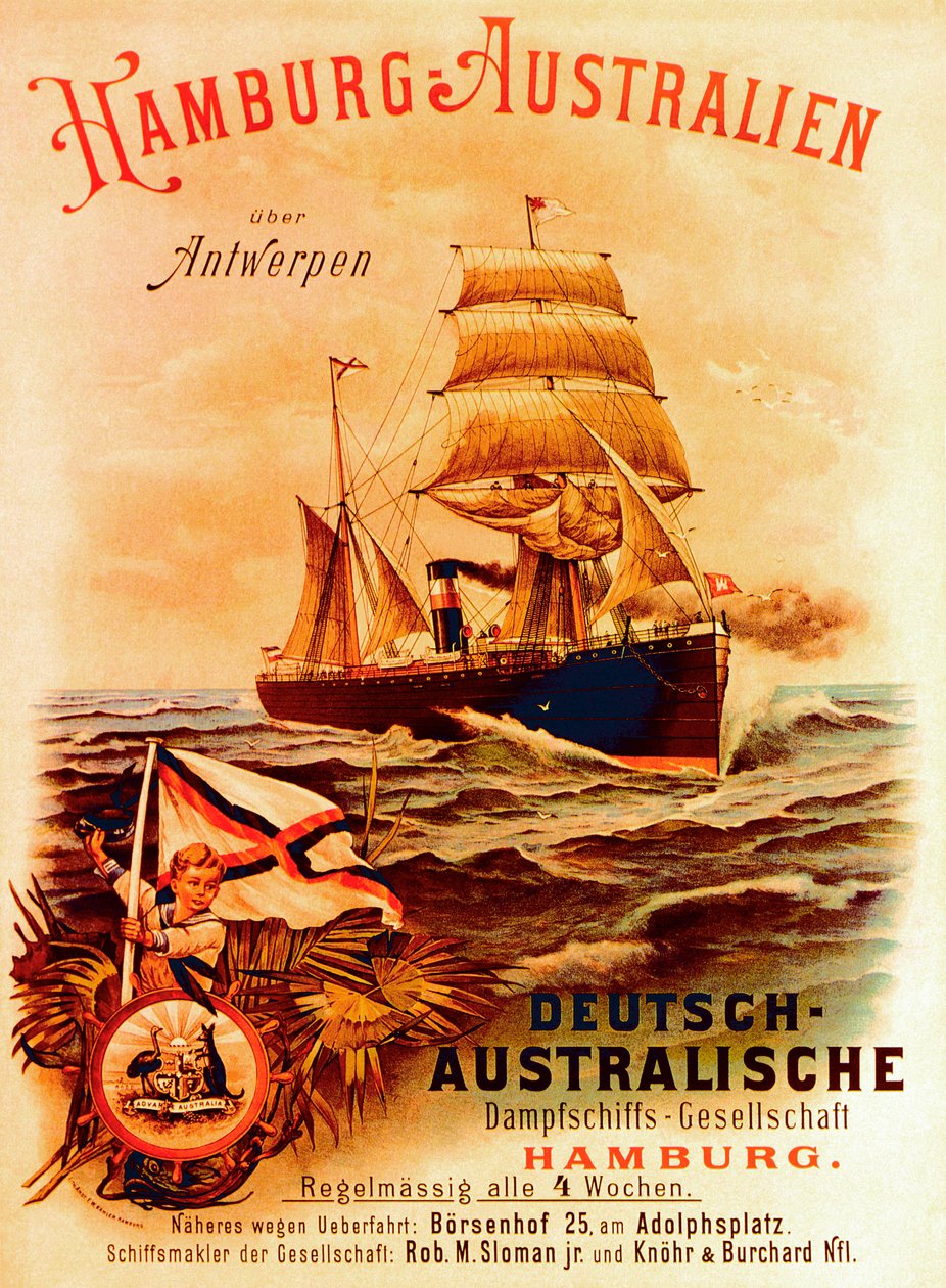 Hamburg - Australia, poster pubblicitario della German Australian Steamship Company, 1889 da German School