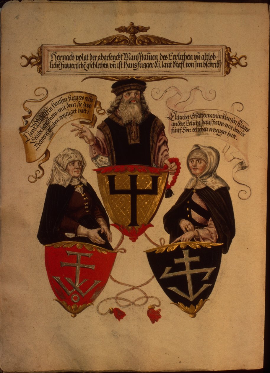 Hans Fugger e le sue due mogli Clara Widolf ed Elisabeth Gfattermann, dal Geheim Ehrenbuch des Fuggerschen Geschlechts da German School