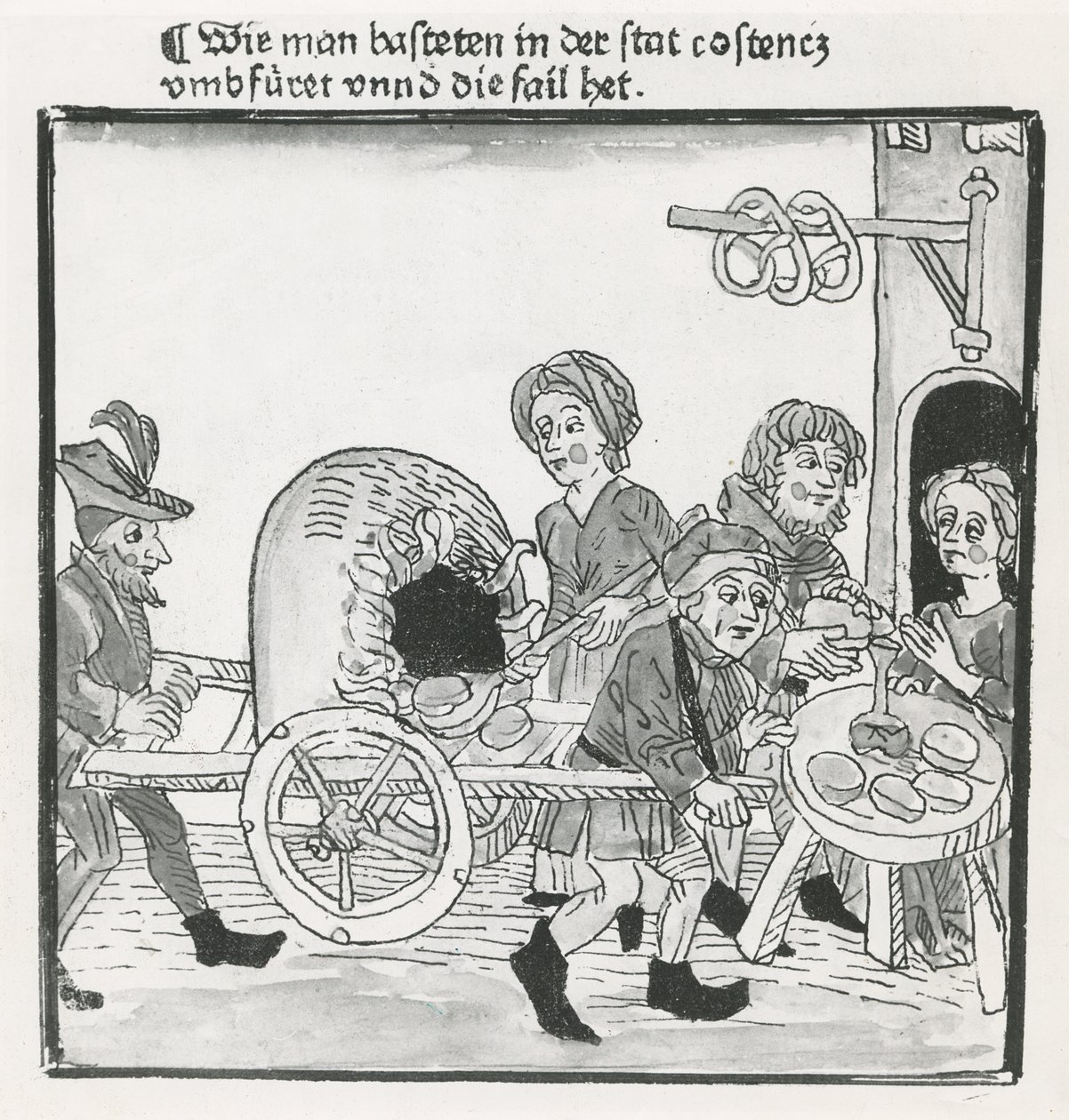Venditore ambulante di frittelle e pretzel, durante il Concilio di Costanza nel 1417, dopo un incunabolo, c.1485 da German School