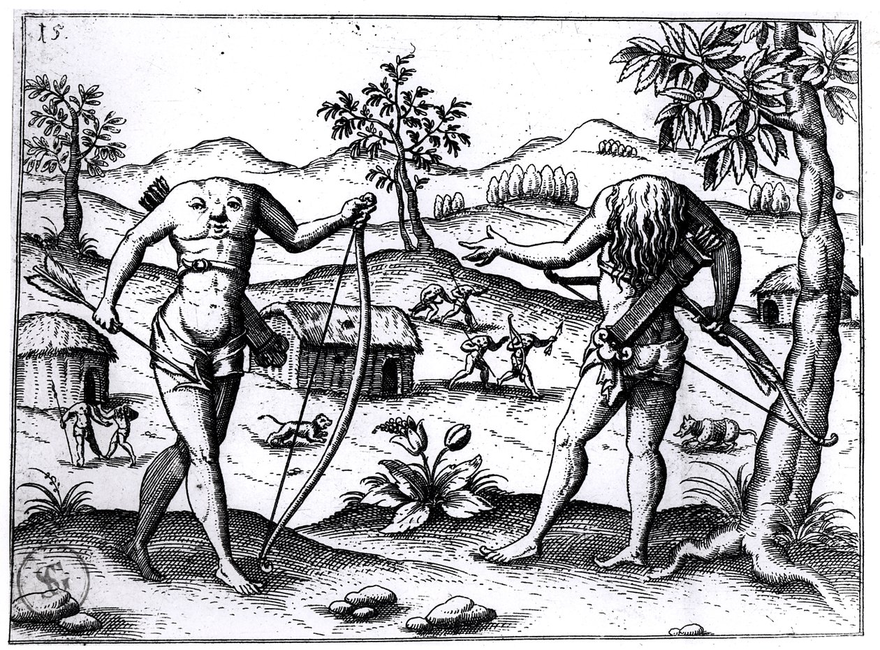 Uomini e donne senza testa, illustrazione dal resoconto di Sir Walter Raleigh sulla Guyana, pubblicato a Norimberga, 1599 da German School