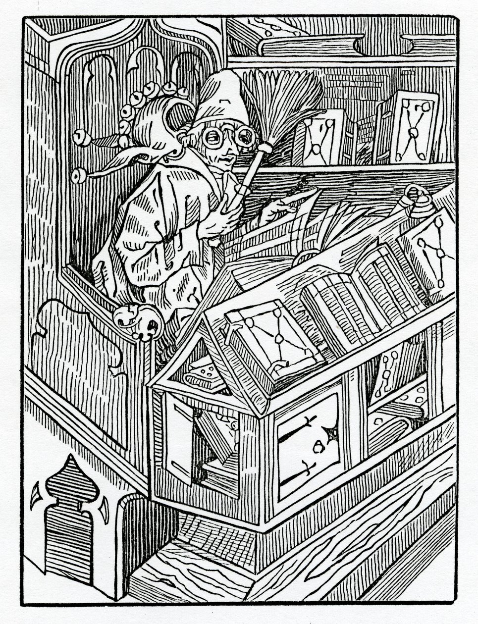 Qui iniziano i folli e prima i libri inutili, illustrazione dalla traduzione inglese di Alexander Barclay di 