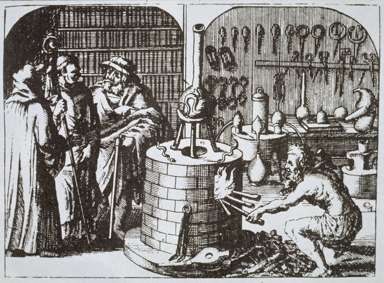 Filosofi Ermetici e un Alchimista, da Museum Hermeticum di Michael Majer (1625) illustrato in una storia della magia pubblicata alla fine del XIX secolo da German School