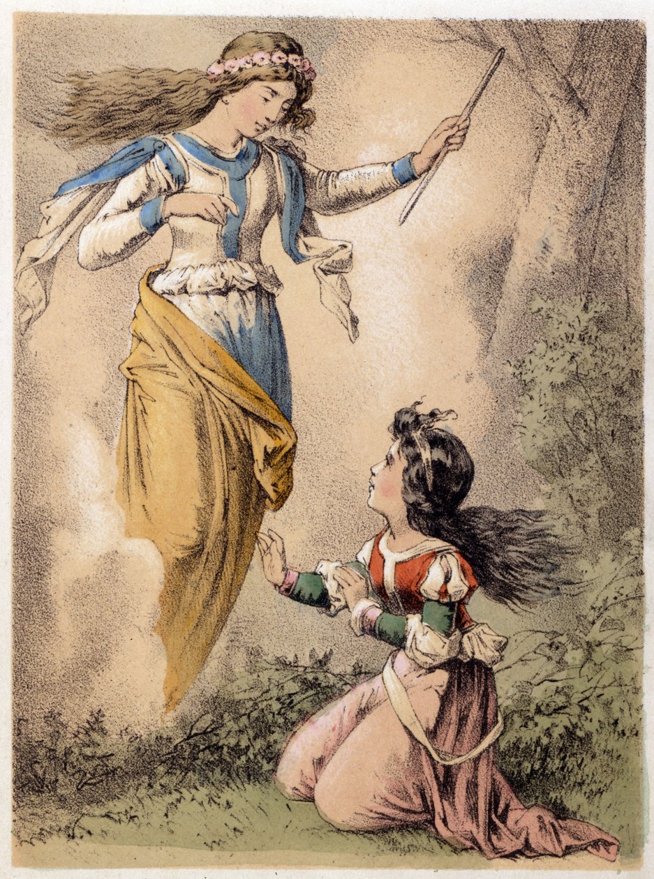 Illustrazione dei racconti di Franz Hoffmann "Racconti e Favole - I 3 Doni": il desiderio esaudito da una fata. Cromolitografia del XIX secolo da German School