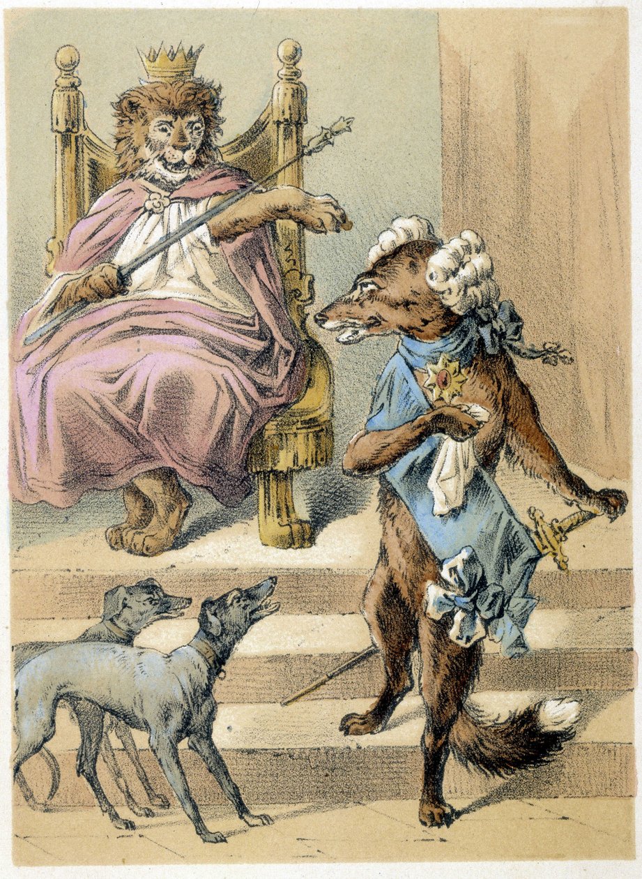 Illustrazione dei racconti di Franz Hoffmann "Racconti e favole - La volpe": Una volpe che parla davanti al Re Leone. Cromolitografia del XIX secolo. da German School