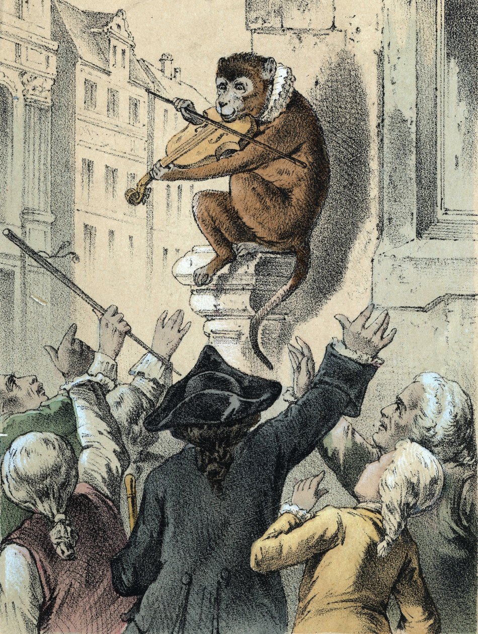 Illustrazione dei racconti di Franz Hoffmann "Racconti e favole - La scimmia e il violino": una scimmia che suona il violino davanti a una folla. Cromolitografia del XIX secolo da German School