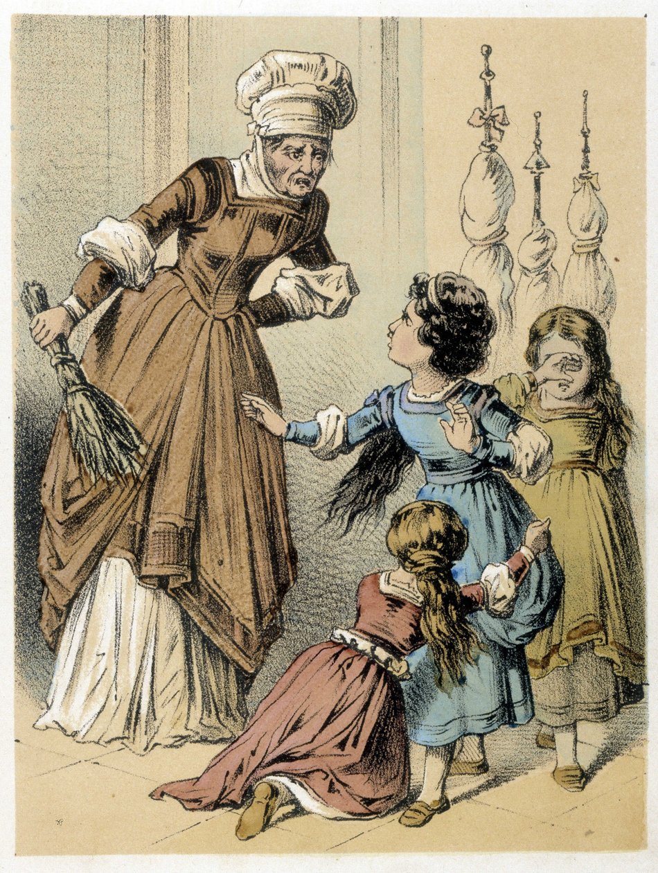 Illustrazione dei racconti di Franz Hoffmann "Racconti e Favole - I 3 Doni": una donna abusava delle 3 ragazze. Cromolitografia del XIX secolo da German School