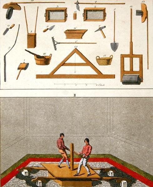 Illustrazione di strumenti e operai che posano un pavimento, da 