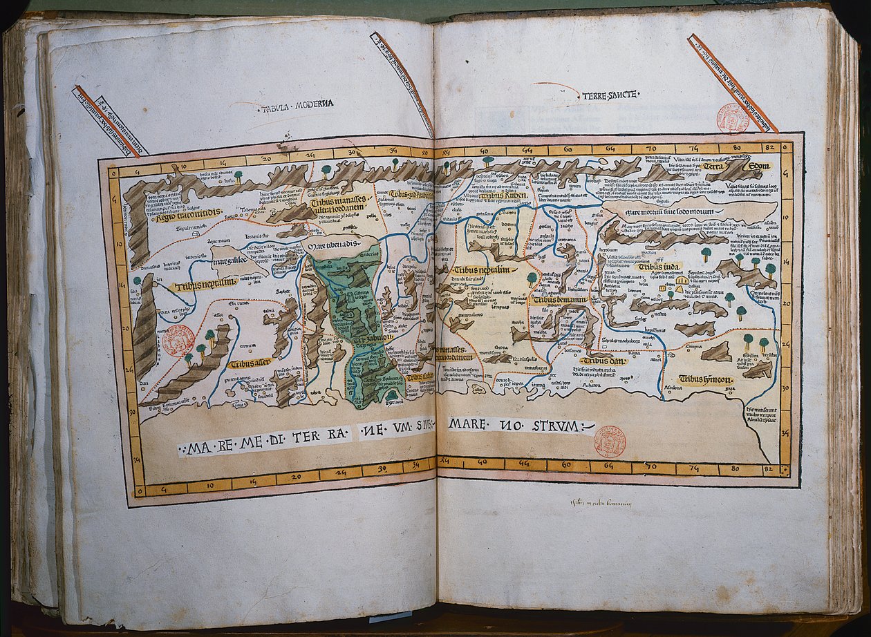 Mappa della Terra Santa, basata su descrizioni e coordinate date in Cosmographica, di Tolomeo (Claudio Tolomeo di Alessandria) (c.90-168 d.C.) pubblicata a Ulm, Germania, da Johann Reger da German School