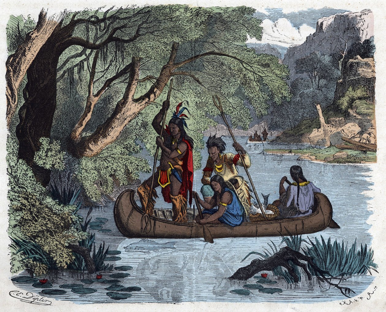 Indiani che pescano a bordo di una canoa su un fiume in America. In 