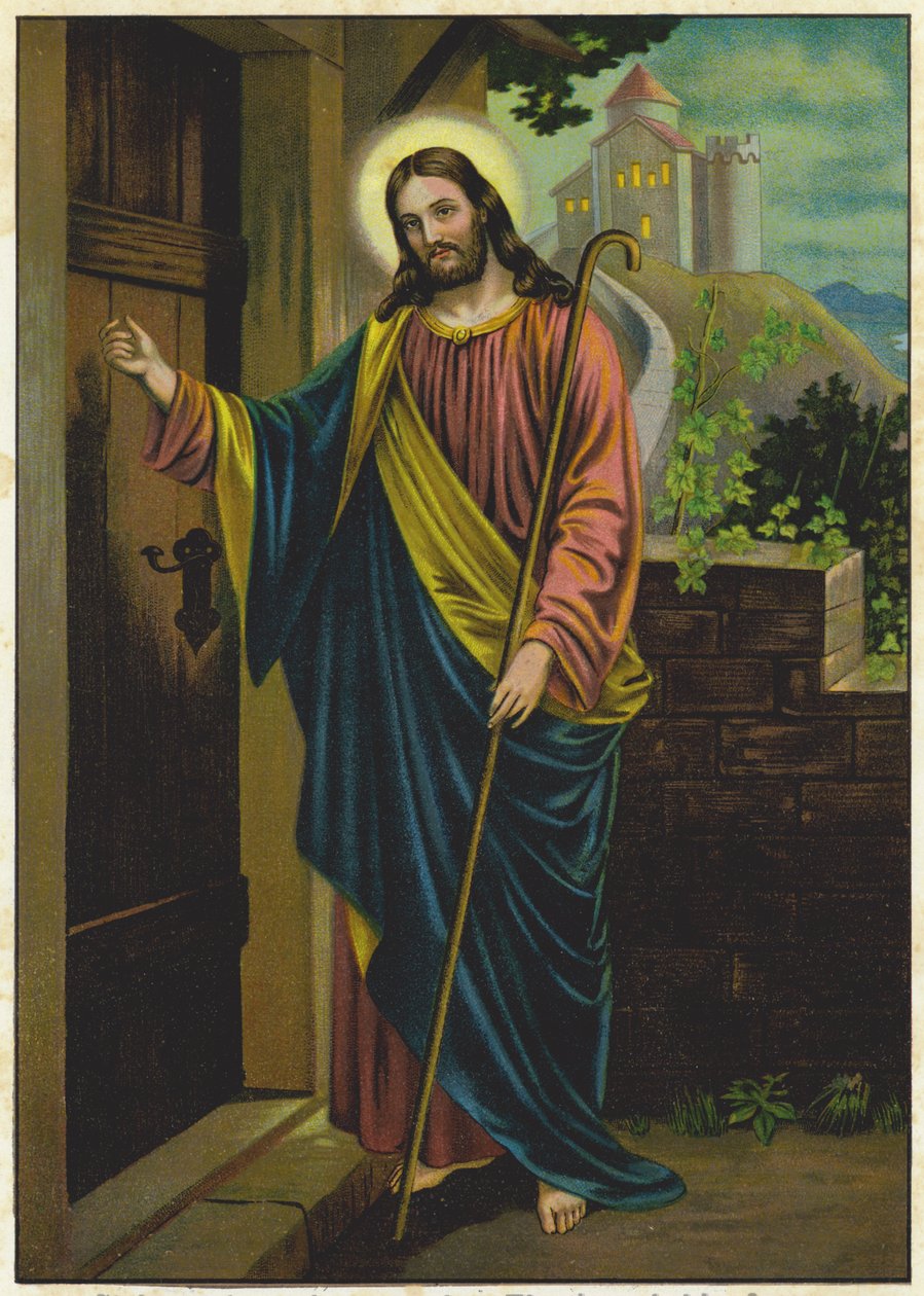 Gesù che bussa alla porta di una casa (litografia a colori) da German School