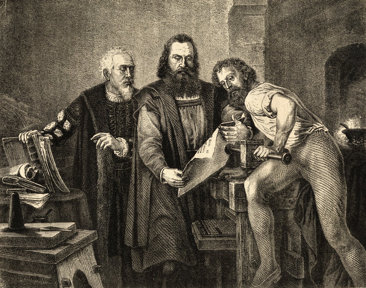 Johann Faust (c.1400-66) Johann Gutenberg (1400-68) e Peter Schoeffer (c.1425-1503) da German School