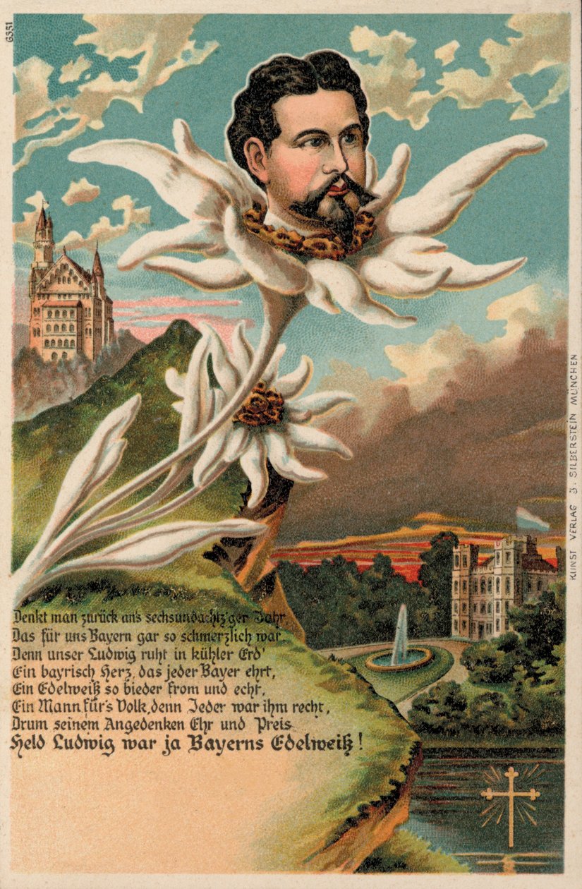 Re Ludovico II di Baviera raffigurato come una stella alpina (cromolito) da German School