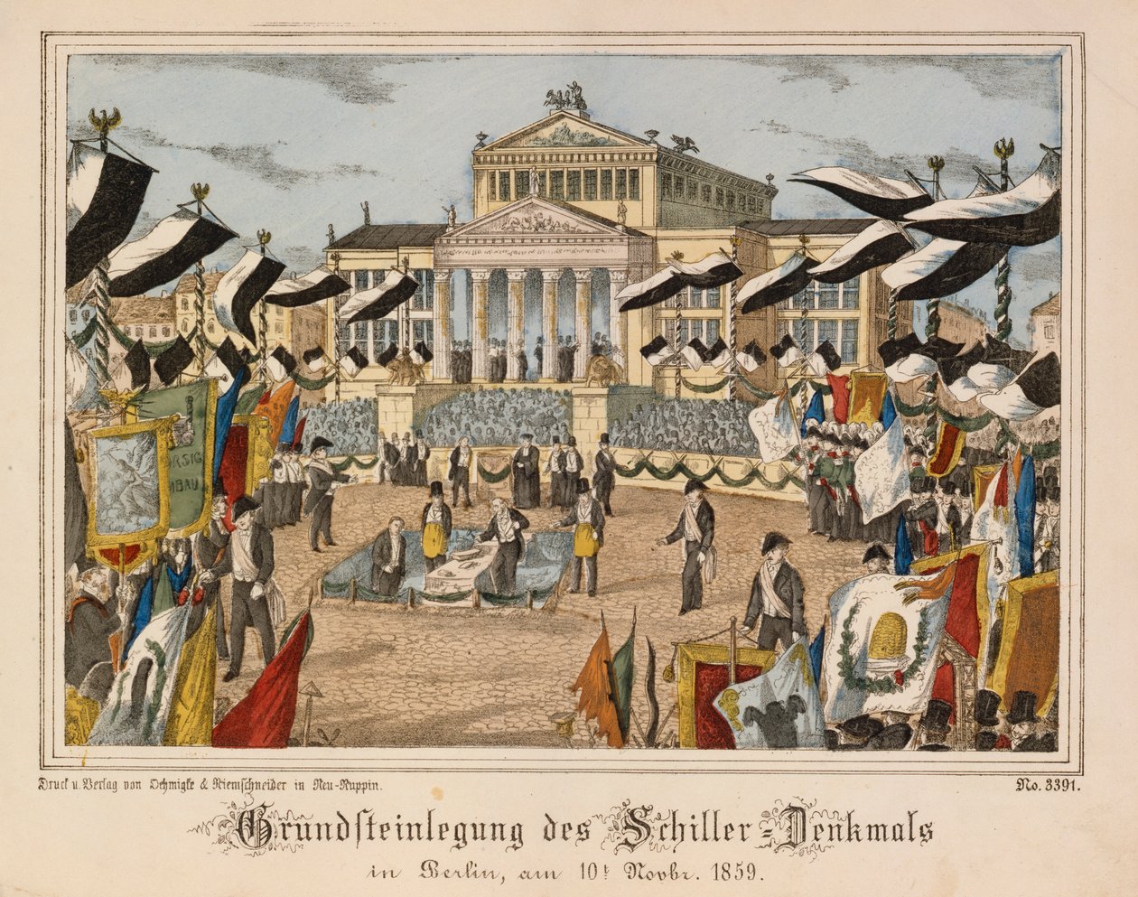 Posa della prima pietra del monumento a Schiller al Gendarmenmarkt, Berlino, 10 novembre 1859, con il Schauspielhaus sullo sfondo, da Neuruppiner Bilderbogen, pubblicato da Oehmigle & Ri da German School